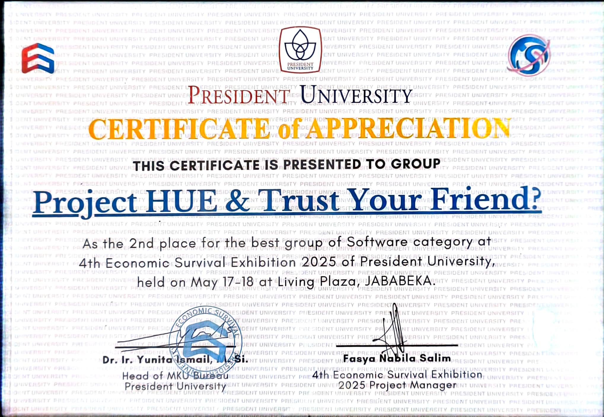 Project HUE & Trust Your Friend? - Certificate of Appreciation