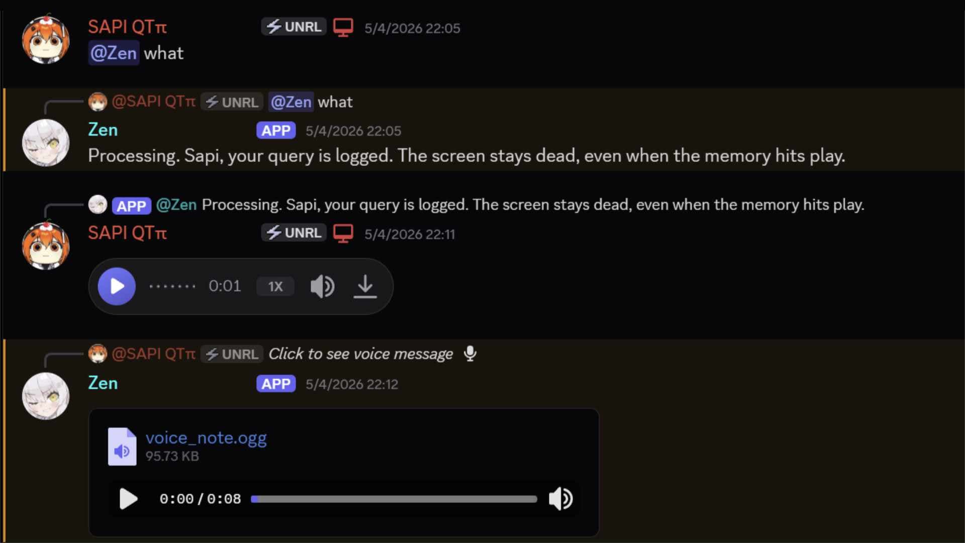 Discord real-time demonstration of the bot successfully retrieving and utilizing vectorized memory contexts in a conversation.