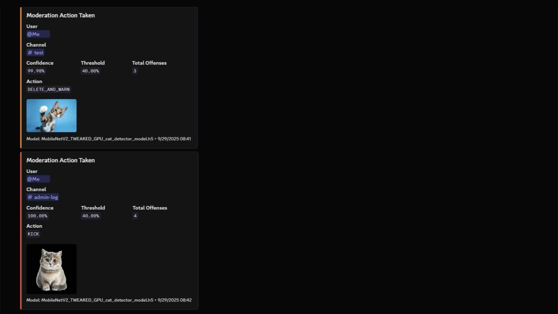 Real-time moderation event showing the Discord bot scanning an image, calculating a confidence score, and issuing a warning to the user.