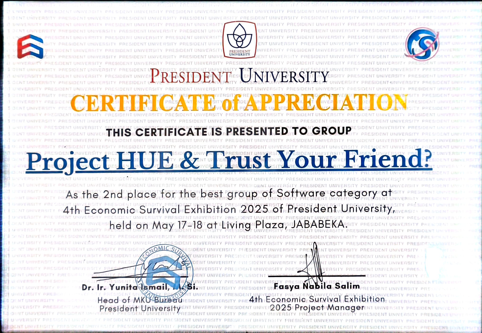 Project HUE & Trust Your Friend? - Certificate of Appreciation